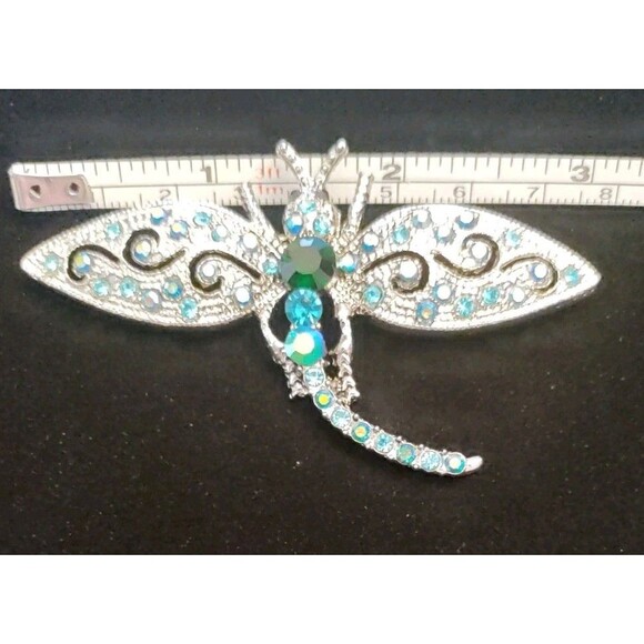 Silver Tone & Blue Rhinestone Dragonfly Brooch 3"X2" - Picture 3 of 4